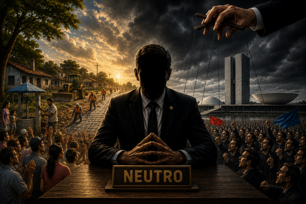 Representar, de forma simbólica e crítica, a postura de neutralidade de um parlamentar diante de decisões políticas, destacando o conflito entre conveniência, interesses políticos e o dever de se posicionar perante a sociedade.
